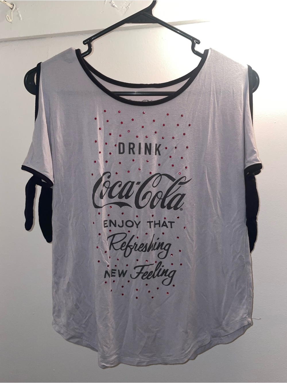 Coca-Cola Gray Tee with Black Trim and Red Gemstone Details